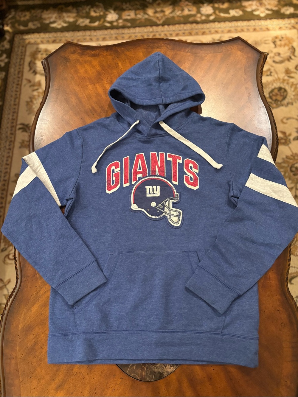 New York Giants Blue Pullover Hoodie with White Sleeve Stripes